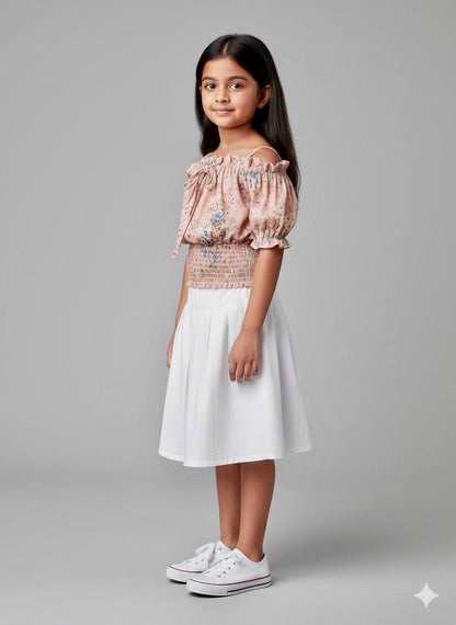 Girls Peach Floral Off-Shoulder Smocked Top – Cute & Trendy Summer Wear