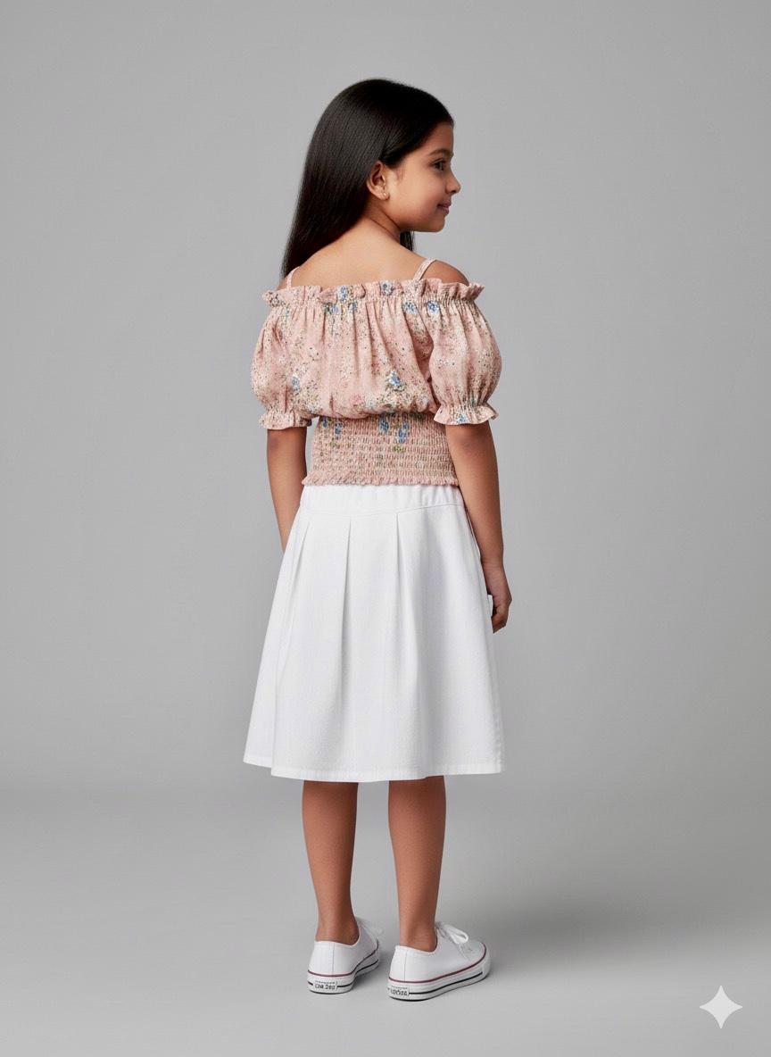 Girls Peach Floral Off-Shoulder Smocked Top – Cute & Trendy Summer Wear