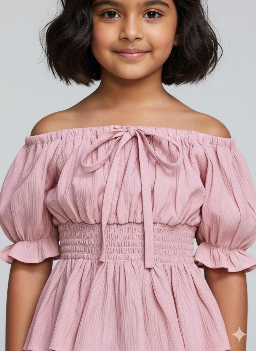 Girls Pink Puff Sleeve Smocked Peplum Top – Cute Summer & Party Wear