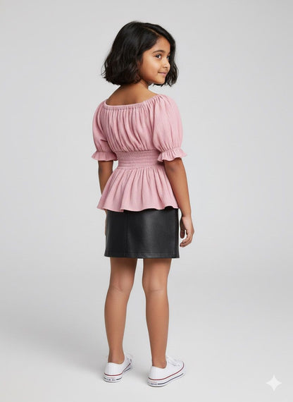 Girls Pink Puff Sleeve Smocked Peplum Top – Cute Summer & Party Wear