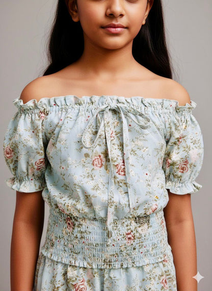 Girls Blue Floral Off-Shoulder Smocked Top – Cute & Trendy Summer Wear (Copy)