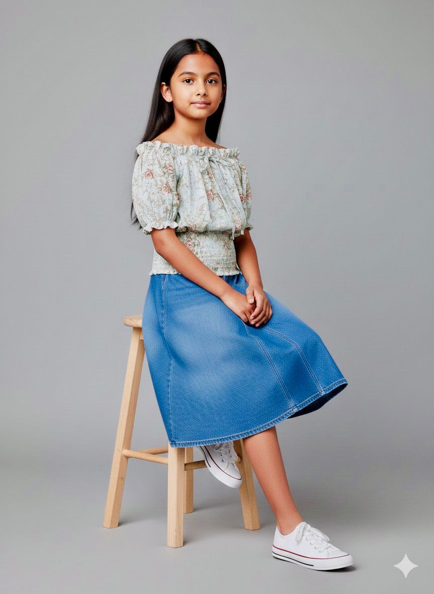 Girls Blue Floral Off-Shoulder Smocked Top – Cute & Trendy Summer Wear (Copy)