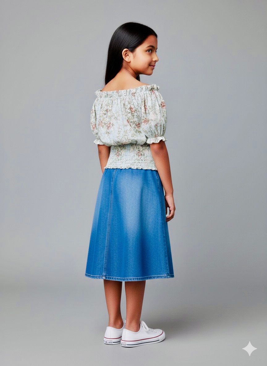 Girls Blue Floral Off-Shoulder Smocked Top – Cute & Trendy Summer Wear (Copy)