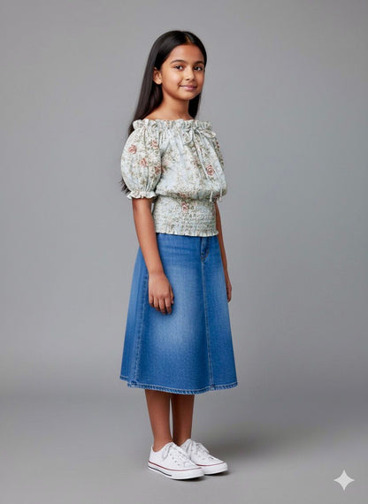 Girls Blue Floral Off-Shoulder Smocked Top – Cute & Trendy Summer Wear (Copy)