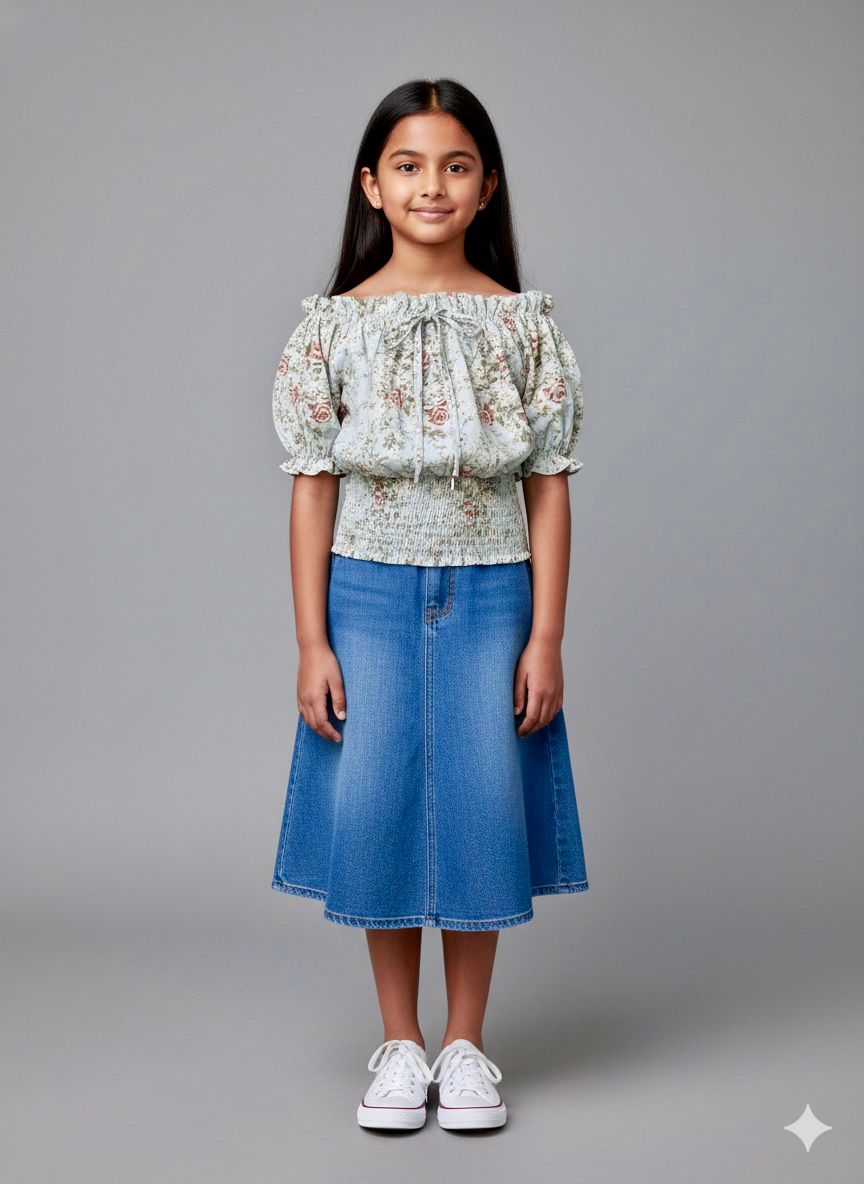 Girls Blue Floral Off-Shoulder Smocked Top – Cute & Trendy Summer Wear (Copy)