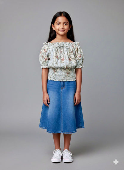 Girls Blue Floral Off-Shoulder Smocked Top – Cute & Trendy Summer Wear (Copy)