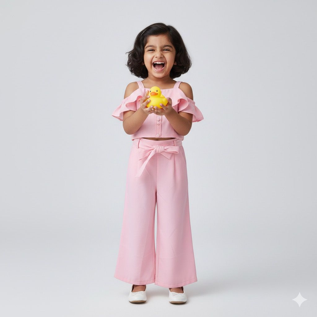 Girls Pink Co-ord Set with Off-Shoulder Top & Bow Pants – Stylish Party & Casual Wear