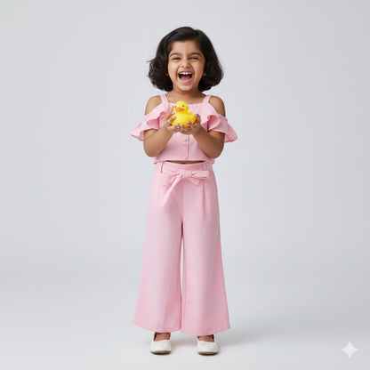 Girls Pink Co-ord Set with Off-Shoulder Top & Bow Pants – Stylish Party & Casual Wear