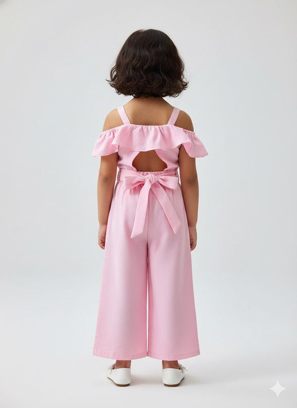 Pink Co-ord Set with Off-Shoulder Top & Bow Pants – Stylish Party & Casual Wear