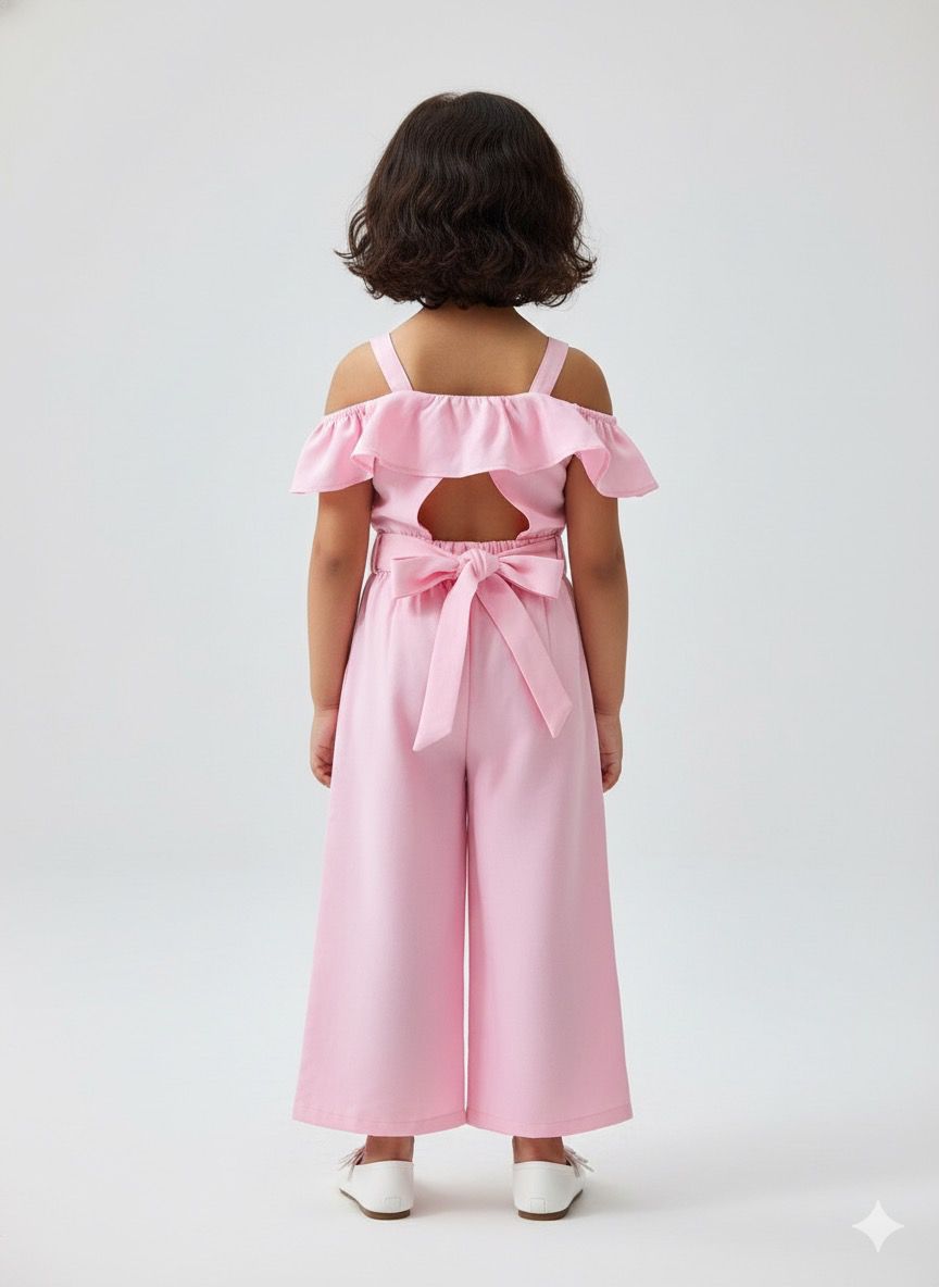 Girls Pink Co-ord Set with Off-Shoulder Top & Bow Pants – Stylish Party & Casual Wear