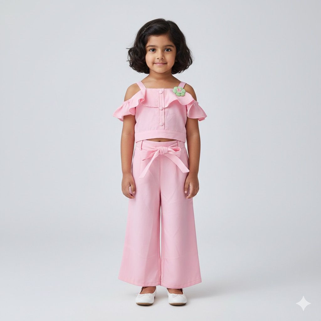 Girls Pink Co-ord Set with Off-Shoulder Top & Bow Pants – Stylish Party & Casual Wear