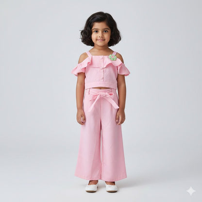 Girls Pink Co-ord Set with Off-Shoulder Top & Bow Pants – Stylish Party & Casual Wear