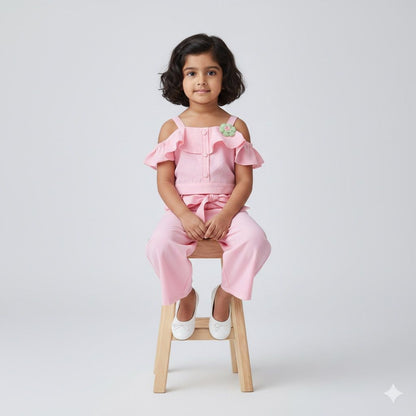 Girls Pink Co-ord Set with Off-Shoulder Top & Bow Pants – Stylish Party & Casual Wear