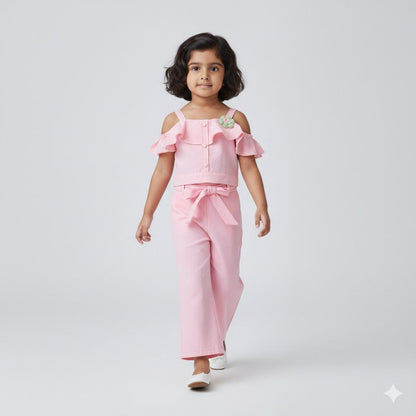 Girls Pink Co-ord Set with Off-Shoulder Top & Bow Pants – Stylish Party & Casual Wear