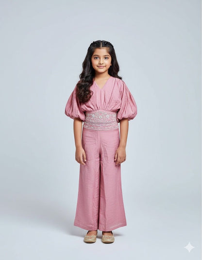 Girls Premium Pink Ethnic Co-ord Set with Embroidered Waist – Festive & Party Wear
