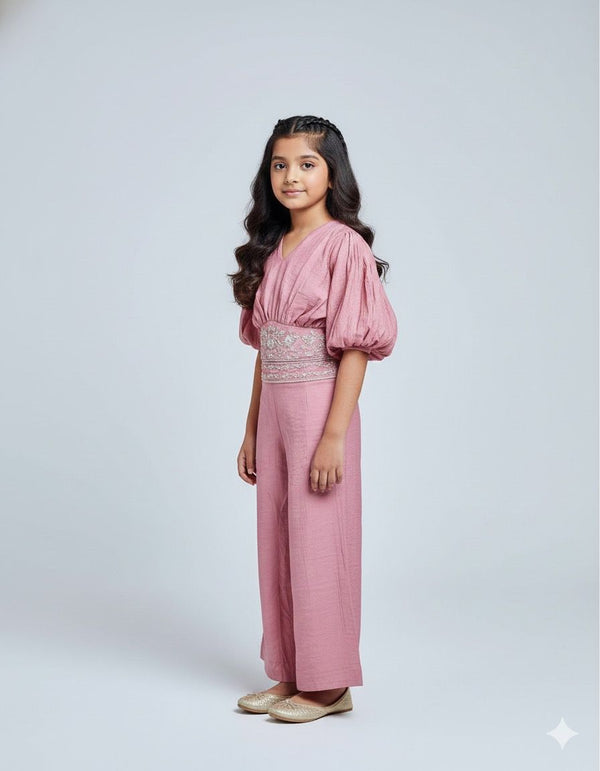 Girls Premium Pink Ethnic Co-ord Set with Embroidered Waist – Festive & Party Wear