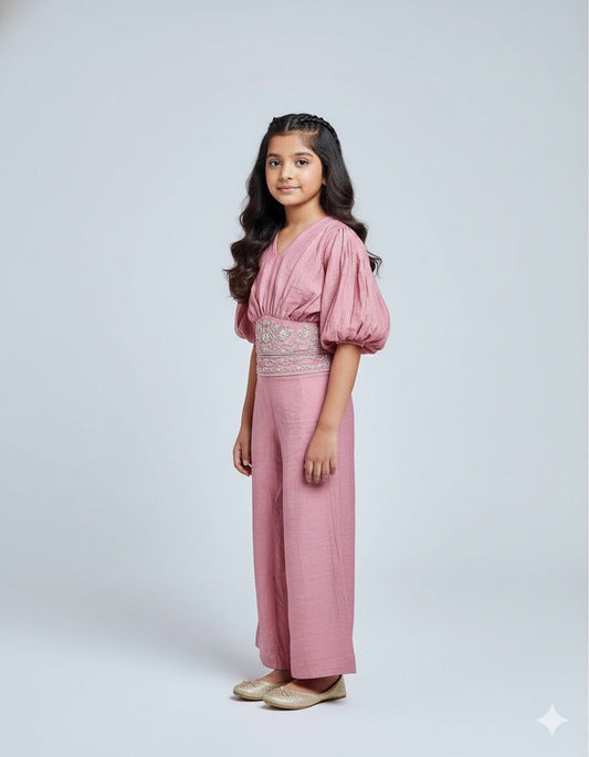 Girls Premium Pink Ethnic Co-ord Set with Embroidered Waist – Festive & Party Wear