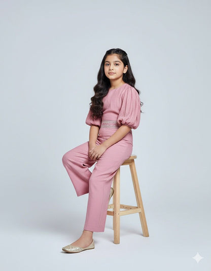 Girls Premium Pink Ethnic Co-ord Set with Embroidered Waist – Festive & Party Wear