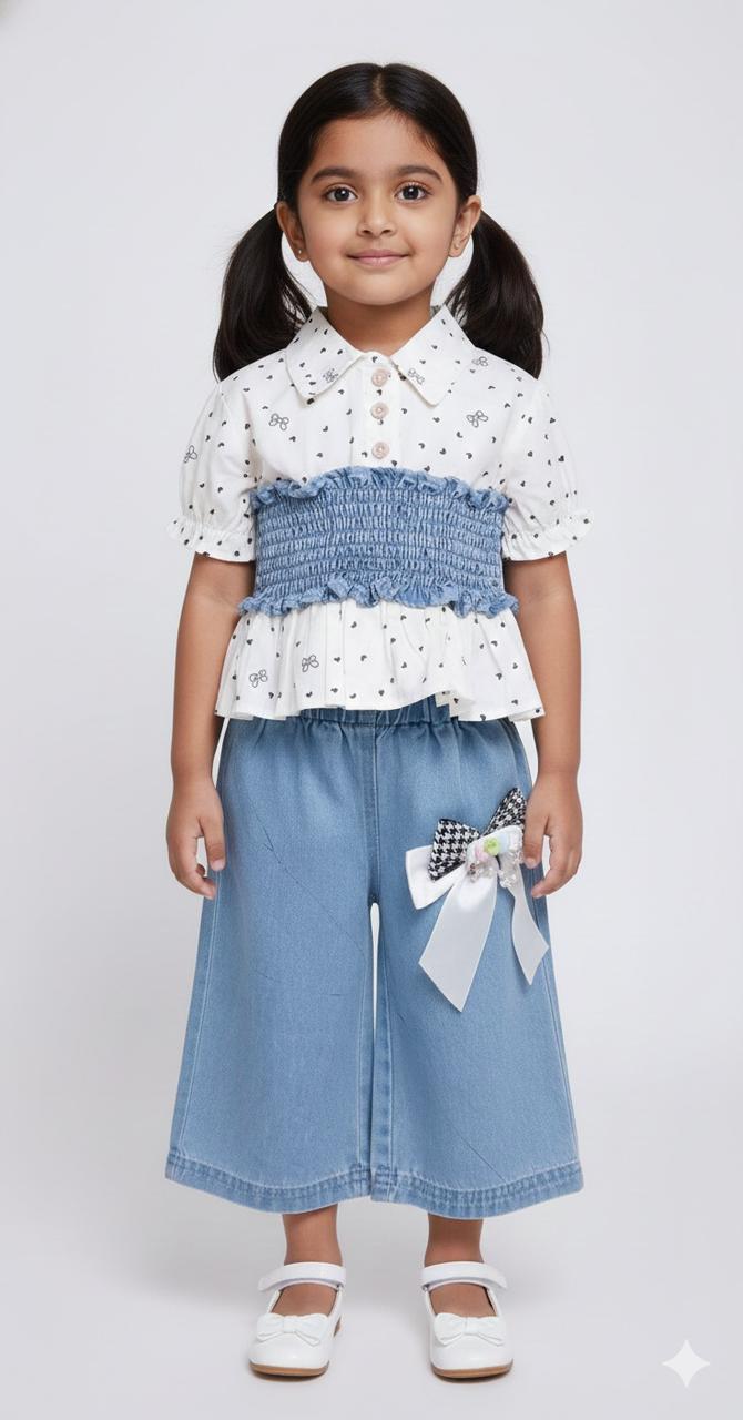 Girls White Printed Top with Smocked Waist & Bow Denim Culottes – Stylish Casual & Outing Wear