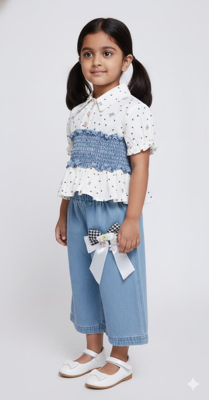 Girls White Printed Top with Smocked Waist & Bow Denim Culottes – Stylish Casual & Outing Wear