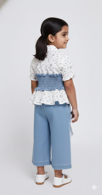 Girls White Printed Top with Smocked Waist & Bow Denim Culottes – Stylish Casual & Outing Wear