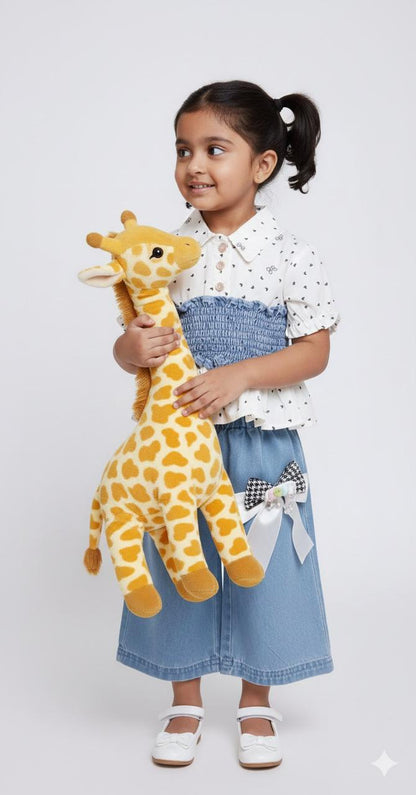 Girls White Printed Top with Smocked Waist & Bow Denim Culottes – Stylish Casual & Outing Wear