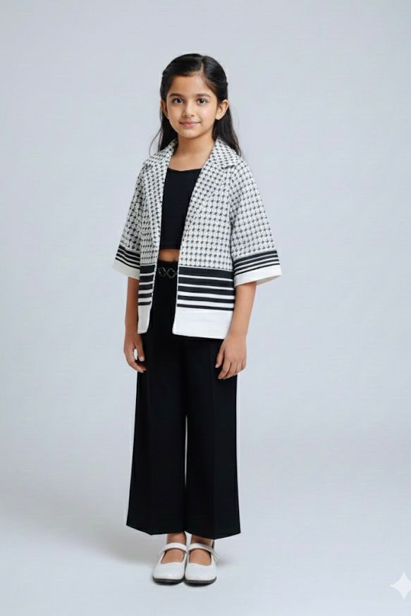 Girls Black & White Houndstooth Three-Piece Co-ord Set – Blazer, Crop Top & Wide-Leg Pants | Premium Partywear Outfit