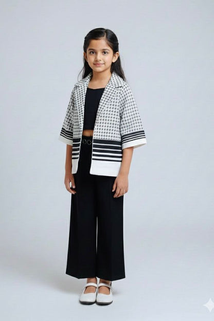 Girls Black & White Houndstooth Three-Piece Co-ord Set – Blazer, Crop Top & Wide-Leg Pants | Premium Partywear Outfit