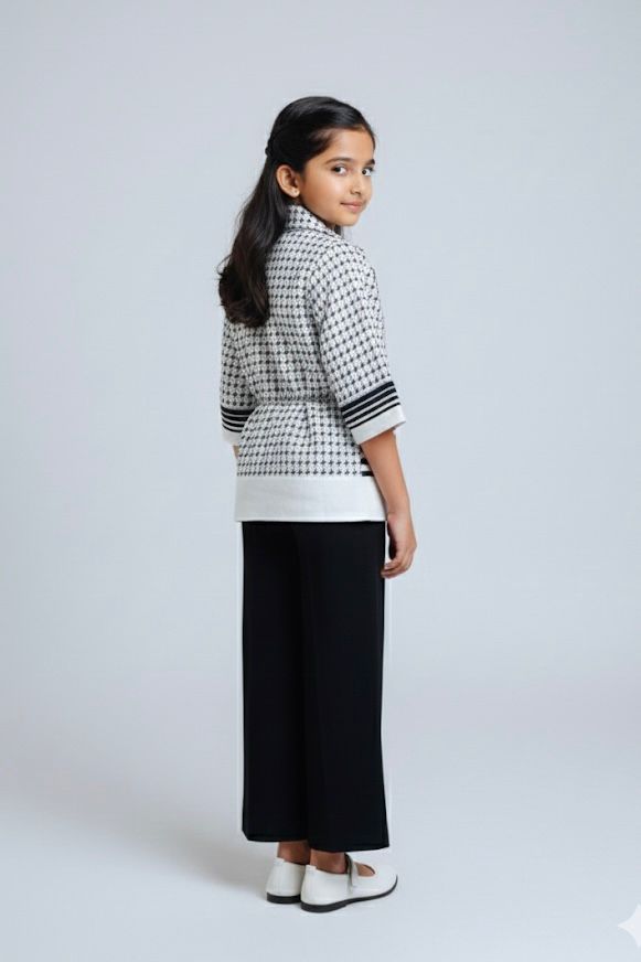 Black & White Houndstooth Girls Three-Piece Co-ord Set – Blazer, Crop Top & Wide-Leg Pants | Premium Partywear Outfit