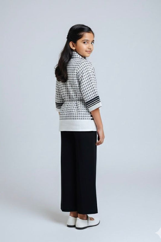 Girls Black & White Houndstooth Three-Piece Co-ord Set – Blazer, Crop Top & Wide-Leg Pants | Premium Partywear Outfit