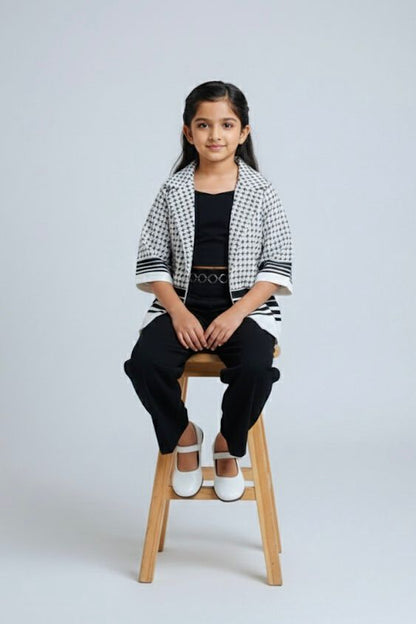 Girls Black & White Houndstooth Three-Piece Co-ord Set – Blazer, Crop Top & Wide-Leg Pants | Premium Partywear Outfit