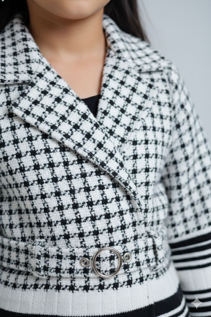 Girls Black & White Houndstooth Three-Piece Co-ord Set – Blazer, Crop Top & Wide-Leg Pants | Premium Partywear Outfit