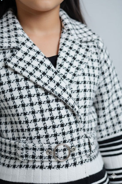 Girls Black & White Houndstooth Three-Piece Co-ord Set – Blazer, Crop Top & Wide-Leg Pants | Premium Partywear Outfit