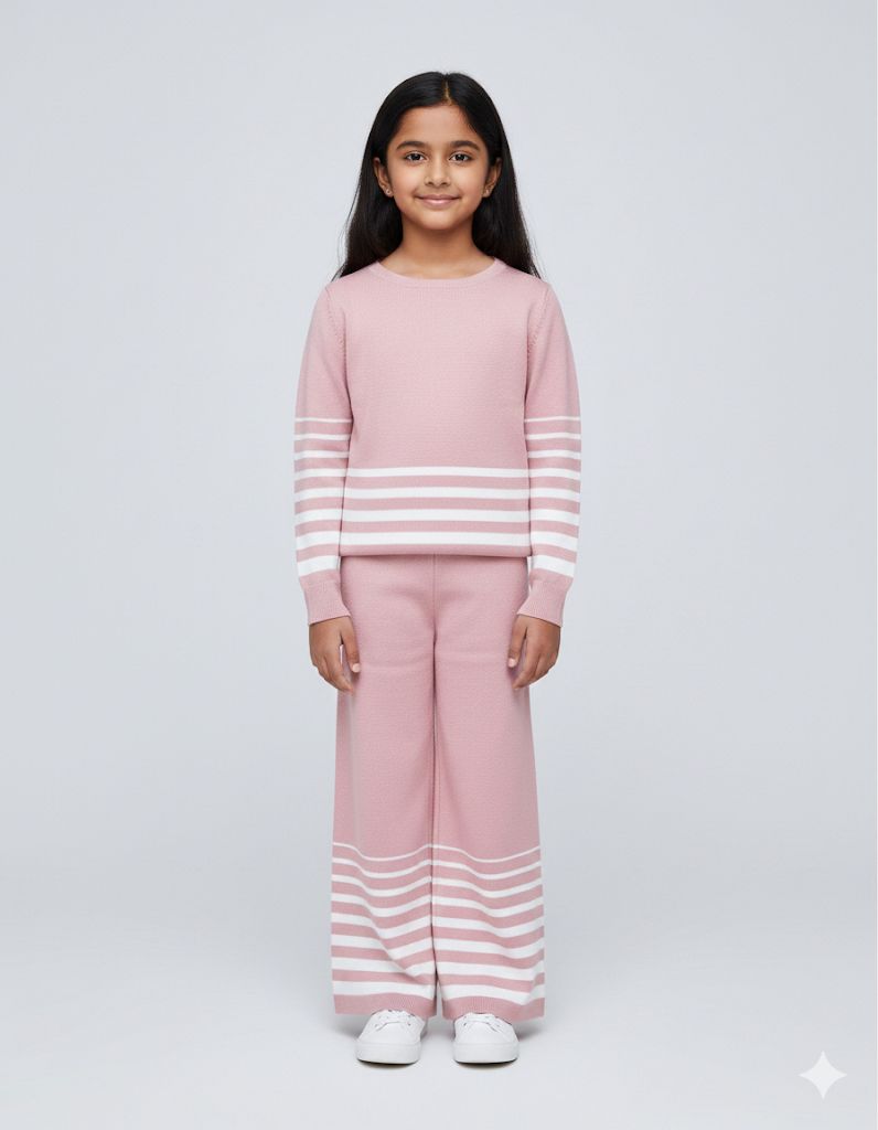 Girls Pink Striped Knit Co-ord Set – Premium Winterwear Top & Wide-Leg Pants | Soft & Stylish Sweater Set