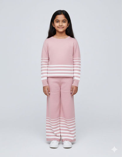 Girls Pink Striped Knit Co-ord Set – Premium Winterwear Top & Wide-Leg Pants | Soft & Stylish Sweater Set