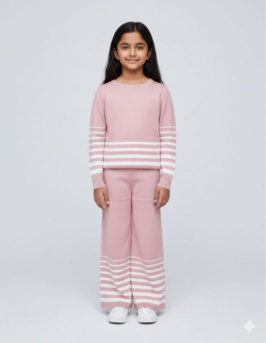 Girls Pink Striped Knit Co-ord Set – Premium Winterwear Top & Wide-Leg Pants | Soft & Stylish Sweater Set