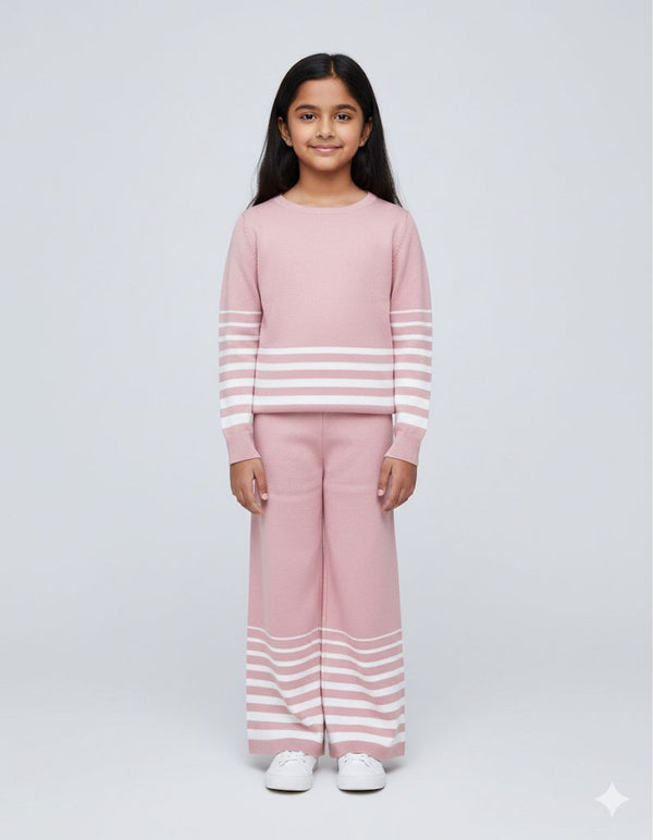 Girls Pink Striped Knit Co-ord Set – Premium Winterwear Top & Wide-Leg Pants | Soft & Stylish Sweater Set
