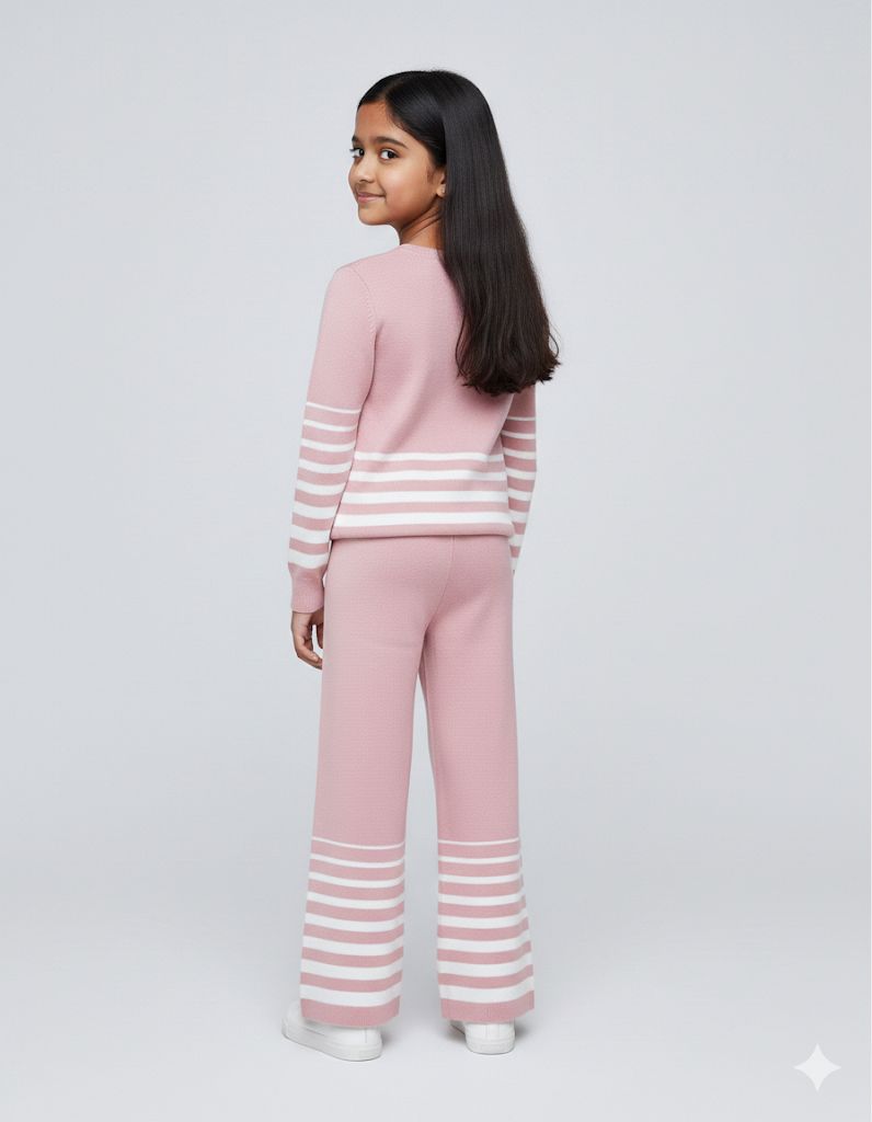 Girls Pink Striped Knit Co-ord Set – Premium Winterwear Top & Wide-Leg Pants | Soft & Stylish Sweater Set