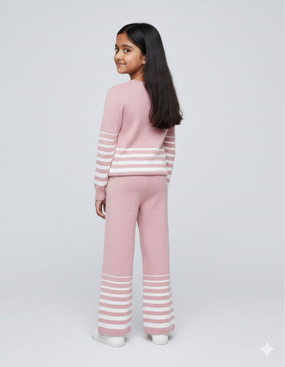 Girls Pink Striped Knit Co-ord Set – Premium Winterwear Top & Wide-Leg Pants | Soft & Stylish Sweater Set