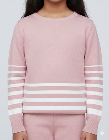 Girls Pink Striped Knit Co-ord Set – Premium Winterwear Top & Wide-Leg Pants | Soft & Stylish Sweater Set