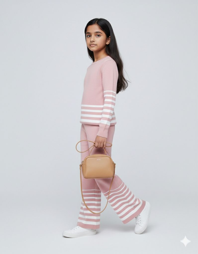 Girls Pink Striped Knit Co-ord Set – Premium Winterwear Top & Wide-Leg Pants | Soft & Stylish Sweater Set