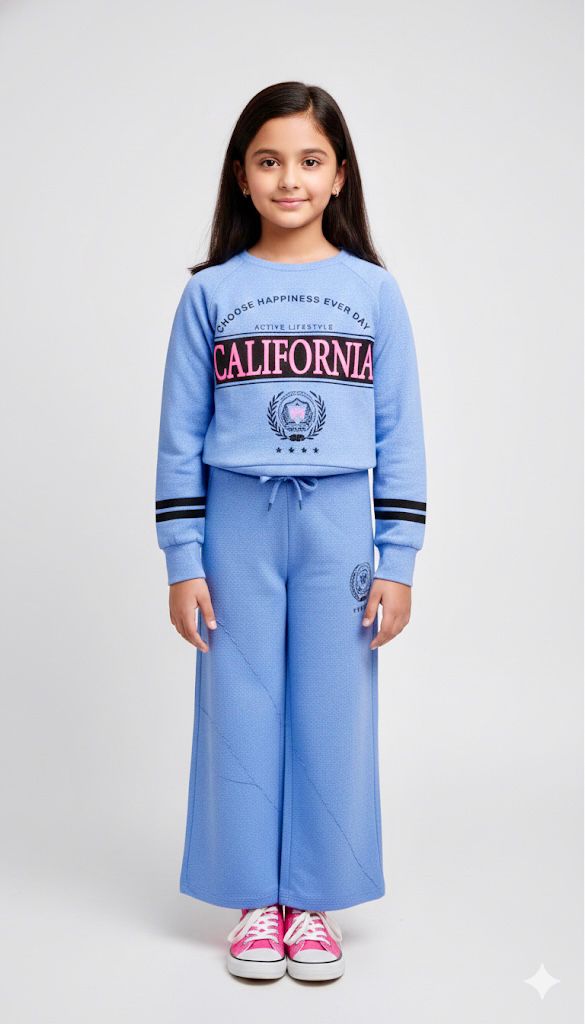 Girls California Lounge Co-ord Set – Soft Blue Sweatshirt & Wide-Leg Pants | Premium Winter Loungewear for Kids