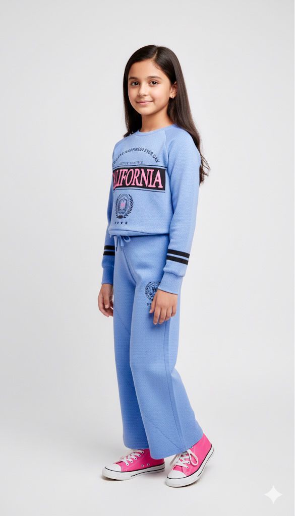 Girls California Lounge Co-ord Set – Soft Blue Sweatshirt & Wide-Leg Pants | Premium Winter Loungewear for Kids