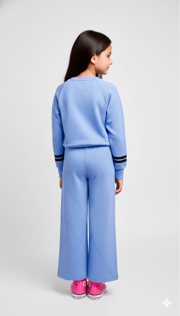 Girls California Lounge Co-ord Set – Soft Blue Sweatshirt & Wide-Leg Pants | Premium Winter Loungewear for Kids