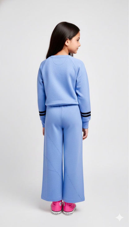 Girls California Lounge Co-ord Set – Soft Blue Sweatshirt & Wide-Leg Pants | Premium Winter Loungewear for Kids