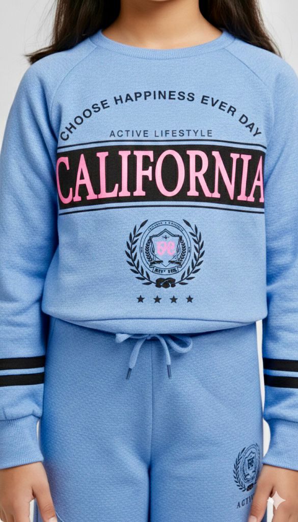 Girls California Lounge Co-ord Set – Soft Blue Sweatshirt & Wide-Leg Pants | Premium Winter Loungewear for Kids
