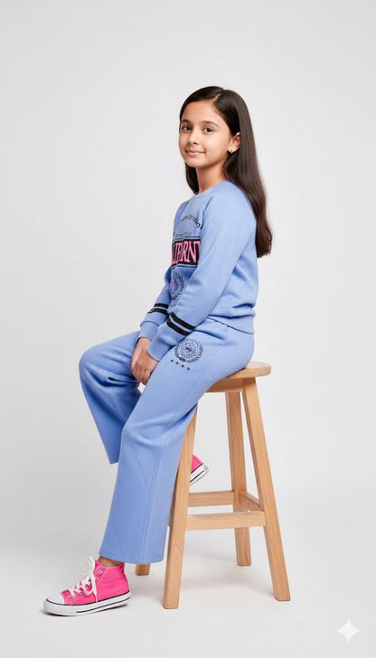 Girls California Lounge Co-ord Set – Soft Blue Sweatshirt & Wide-Leg Pants | Premium Winter Loungewear for Kids