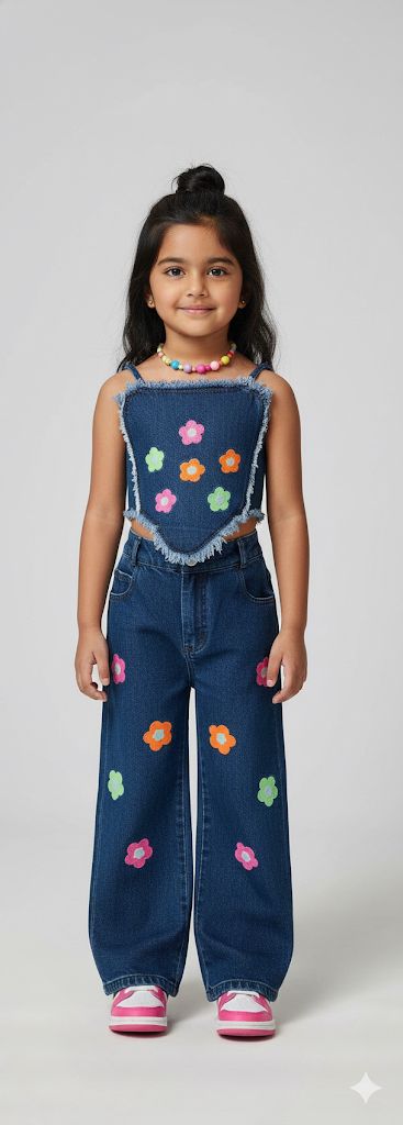 Girls Floral Appliqué Denim Co-ord Set – Trendy Wide-Leg Jeans & Frayed Denim Top | Stylish Kids Fashion Outfit