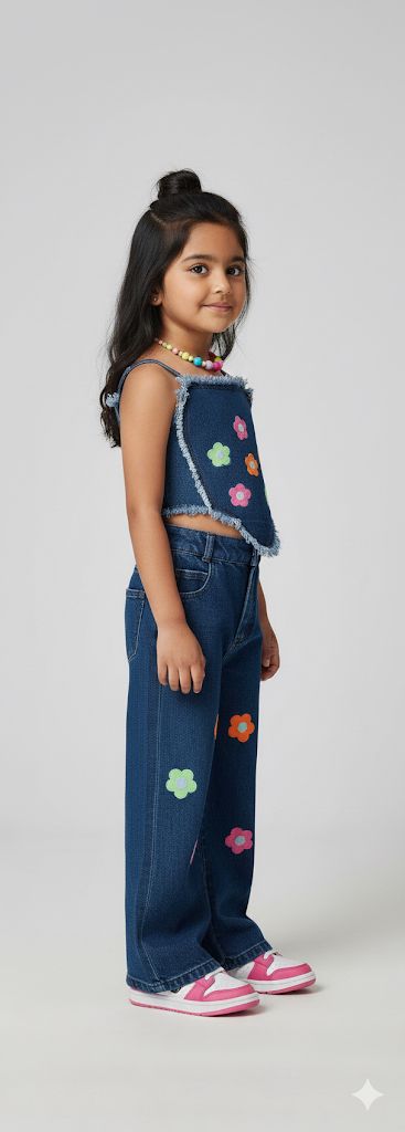 Girls Floral Appliqué Denim Co-ord Set – Trendy Wide-Leg Jeans & Frayed Denim Top | Stylish Kids Fashion Outfit