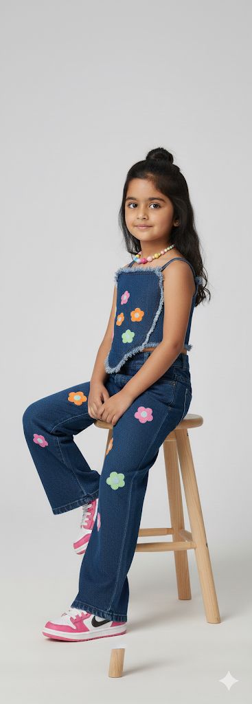Girls Floral Appliqué Denim Co-ord Set – Trendy Wide-Leg Jeans & Frayed Denim Top | Stylish Kids Fashion Outfit